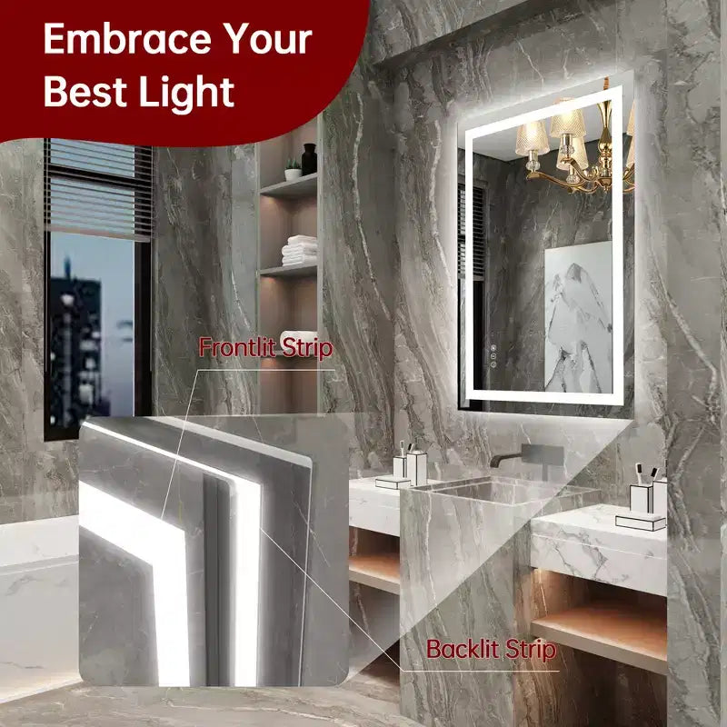 Miroir de coiffeuse mural SUMERAIN 24x36 po en verre trempé, anti-buée, certifié ETL, miroir de salle de bain intelligent à mémoire