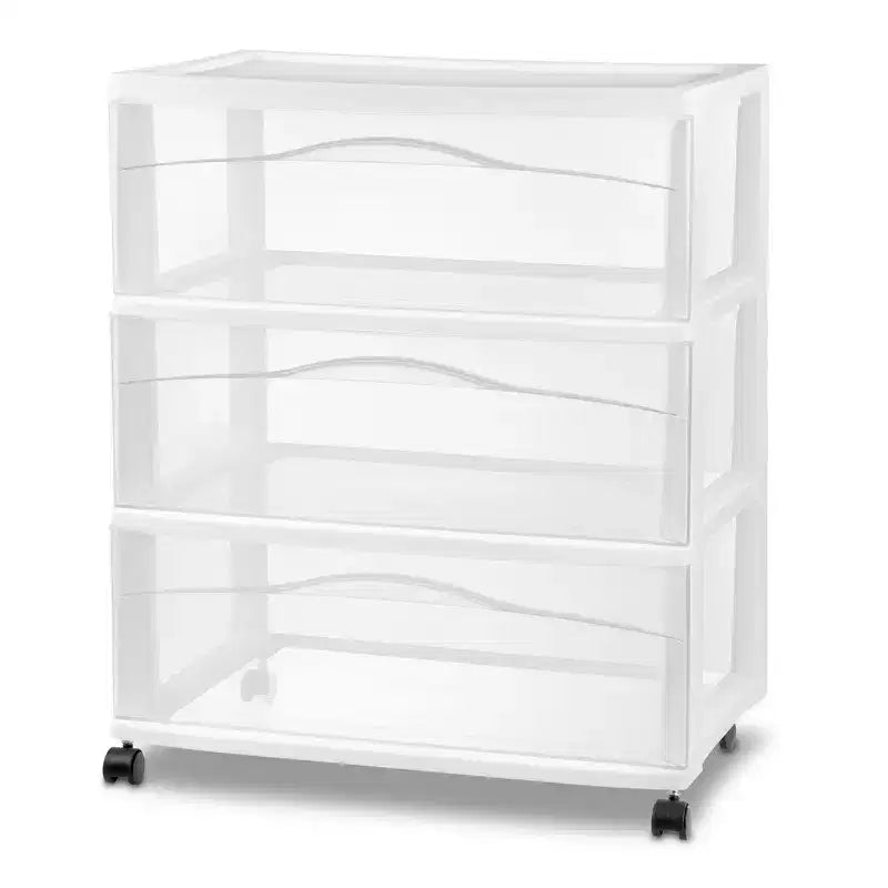Chariot de rangement Sterilite large à 3 tiroirs, organiseur roulant en plastique, cadre blanc