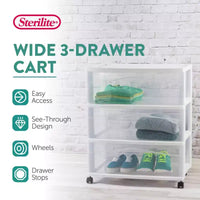 Chariot de rangement Sterilite large à 3 tiroirs, organiseur roulant en plastique, cadre blanc