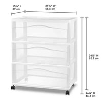 Chariot de rangement Sterilite large à 3 tiroirs, organiseur roulant en plastique, cadre blanc