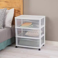 Chariot de rangement Sterilite large à 3 tiroirs, organiseur roulant en plastique, cadre blanc