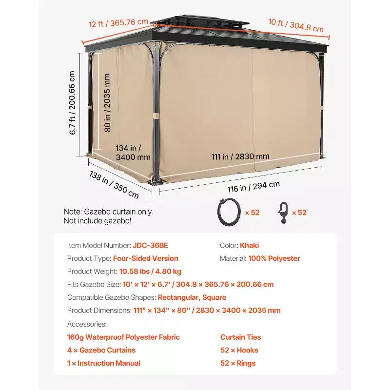 Rideaux pour tonnelle VEVOR d'extérieur, conviennent à la plupart des tonnelles 3,6 x 3 m x 2 m, rideaux latéraux d'intimité à 4 panneaux pour tonnelle avec fermetures éclair, rideau de remplacement d'extérieur, kaki