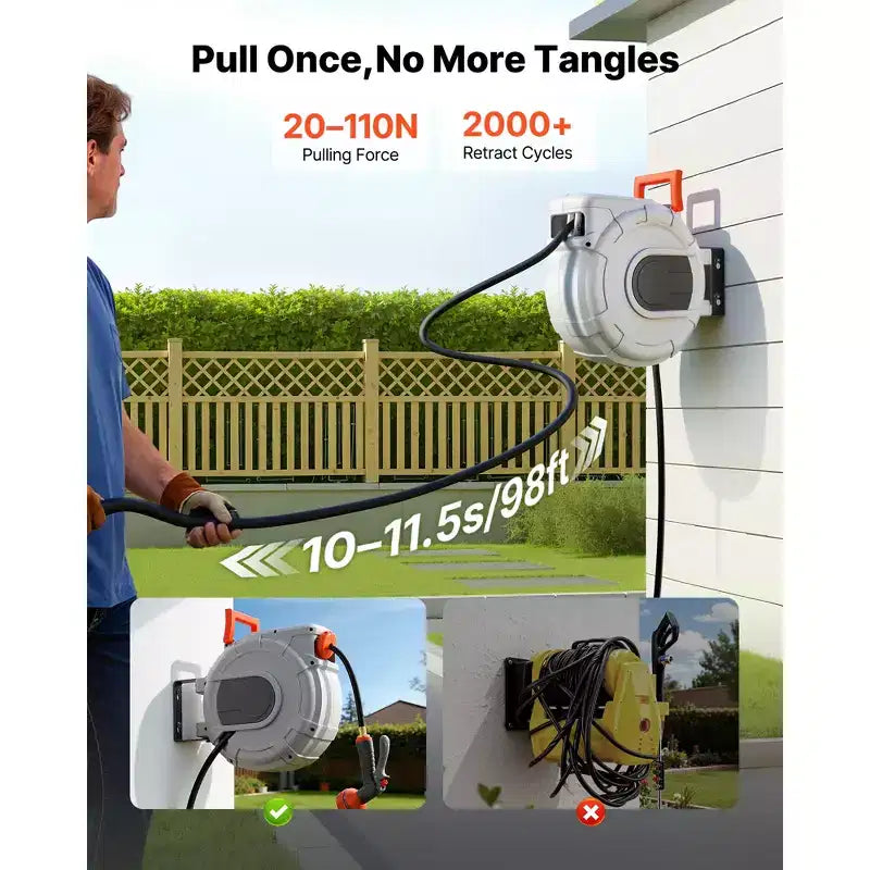Dévidoir de tuyau d'arrosage rétractable VEVOR, 1/2 po x 15 m, mural avec buse d'arrosage à 9 fonctions et support pivotant à 180°, gris