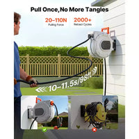 Dévidoir de tuyau d'arrosage rétractable VEVOR, 1/2 po x 15 m, mural avec buse d'arrosage à 9 fonctions et support pivotant à 180°, gris