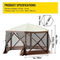 Tonnelle moustiquaire, 3,6 x 3,6 m, abri de camping escamotable à 6 côtés avec fenêtres en maille, sac de transport portable