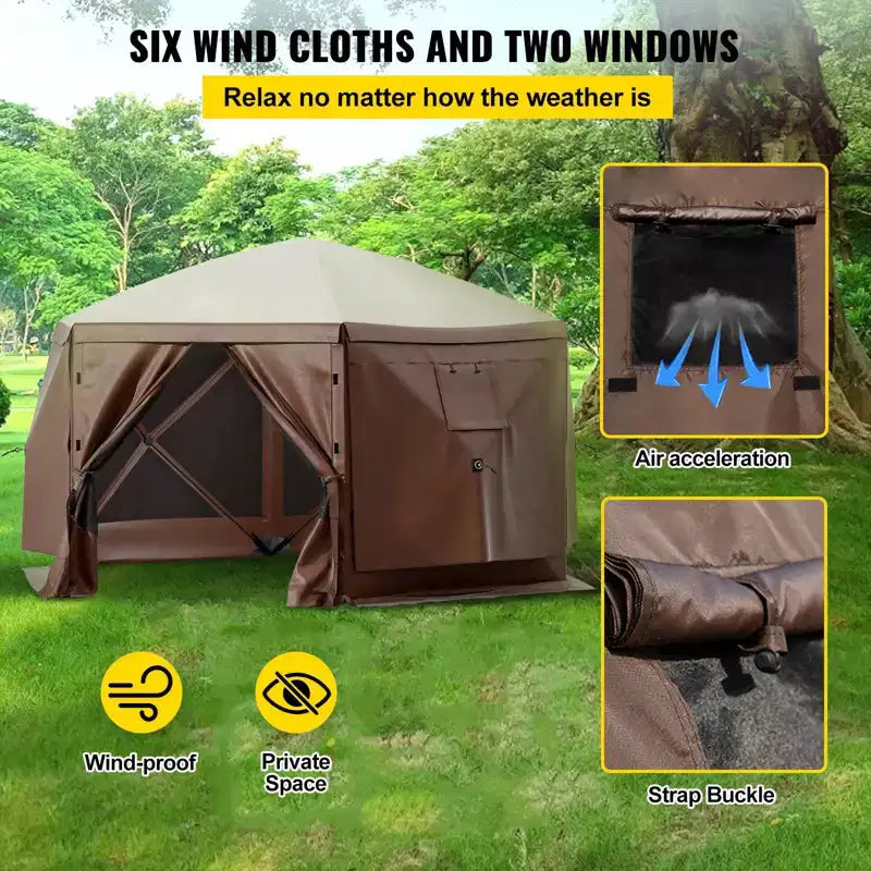 Tonnelle moustiquaire, 3,6 x 3,6 m, abri de camping escamotable à 6 côtés avec fenêtres en maille, sac de transport portable