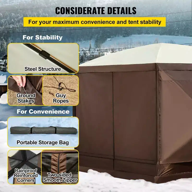 Tonnelle moustiquaire, 3,6 x 3,6 m, abri de camping escamotable à 6 côtés avec fenêtres en maille, sac de transport portable