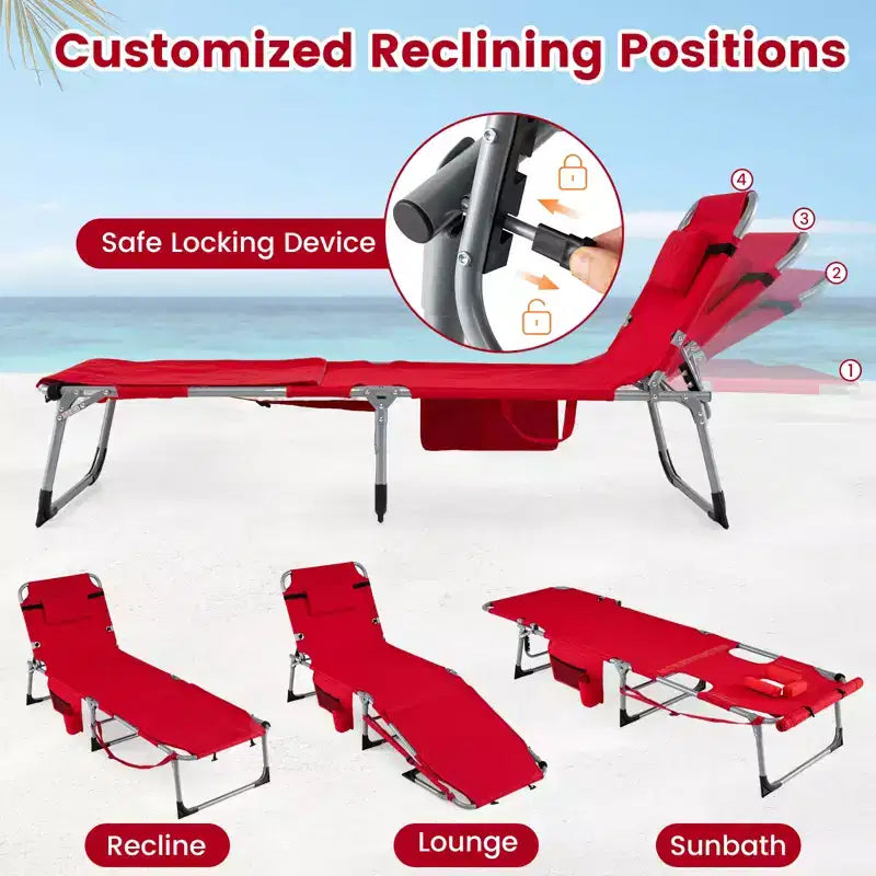 Gymax Chaise de bronzage avec trous pour le visage et les bras, dossier 4 positions et coussin pour la tête, poche latérale