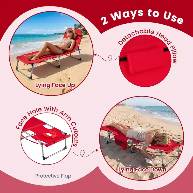 Gymax Chaise de bronzage avec trous pour le visage et les bras, dossier 4 positions et coussin pour la tête, poche latérale