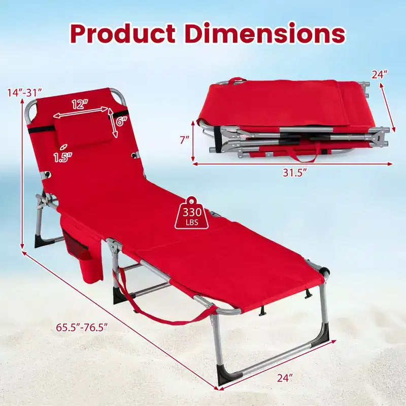 Gymax Chaise de bronzage avec trous pour le visage et les bras, dossier 4 positions et coussin pour la tête, poche latérale