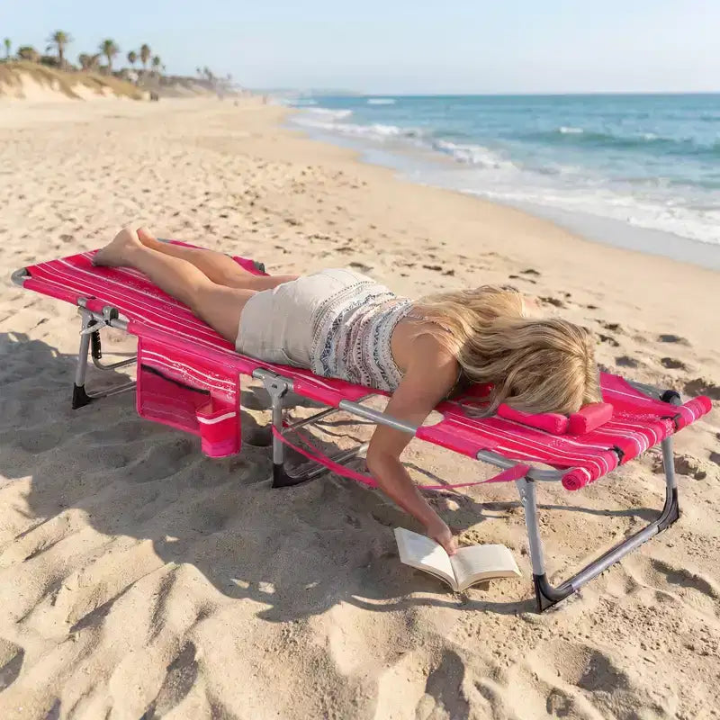 Gymax Chaise de bronzage avec trous pour le visage et les bras, dossier 4 positions et coussin pour la tête, poche latérale