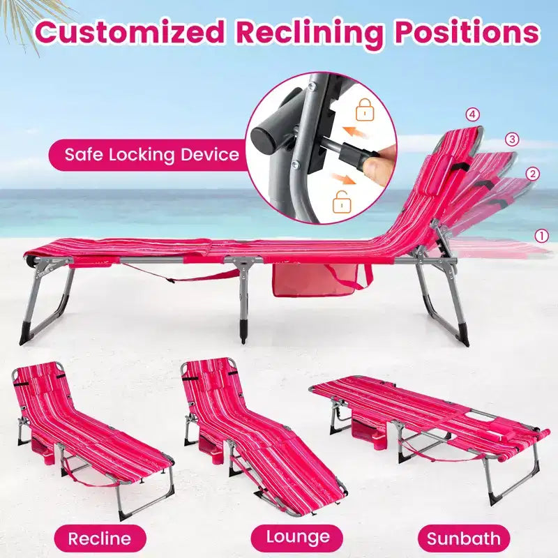 Gymax Chaise de bronzage avec trous pour le visage et les bras, dossier 4 positions et coussin pour la tête, poche latérale