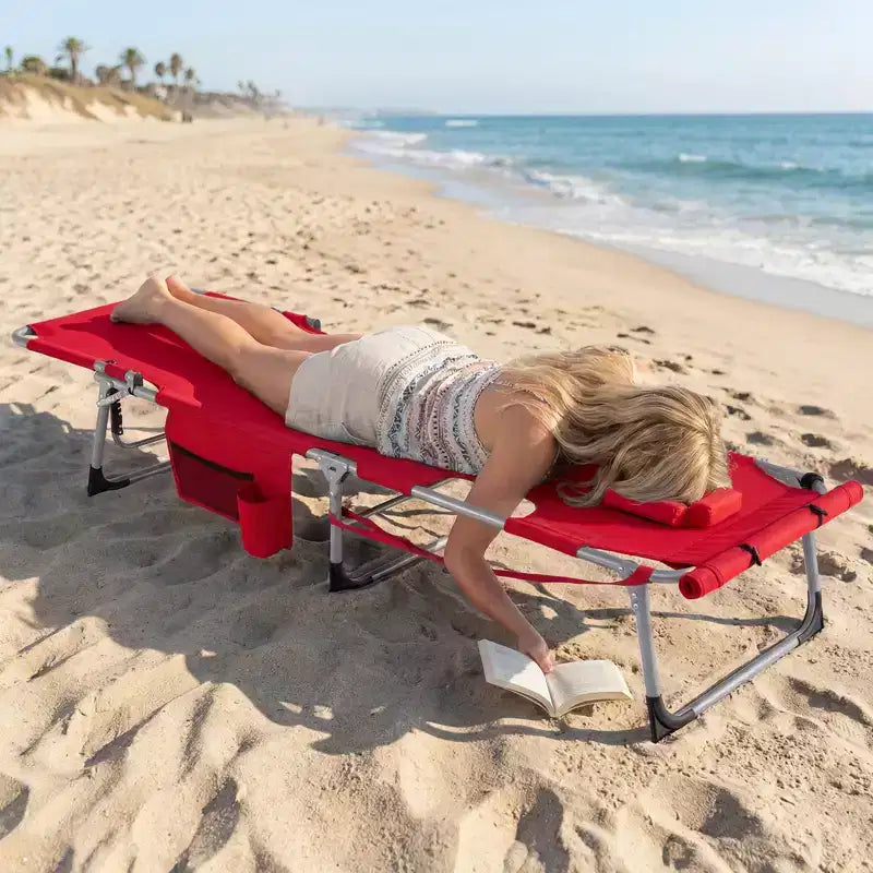 Gymax Chaise de bronzage avec trous pour le visage et les bras, dossier 4 positions et coussin pour la tête, poche latérale
