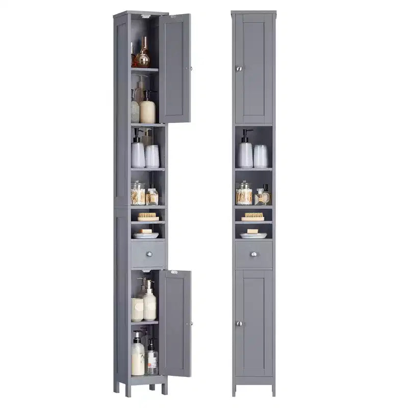 Armoire de salle de bain haute VASAGLE, armoire de rangement étroite autoportante avec étagères réglables, tiroir, compartiments ouverts, gris tourterelle