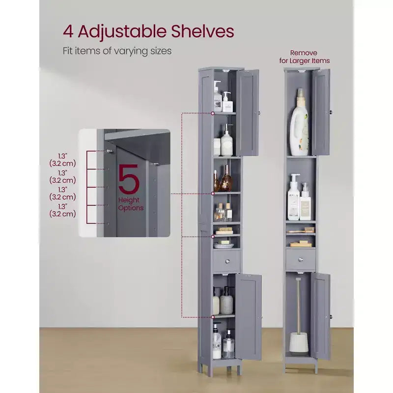 Armoire de salle de bain haute VASAGLE, armoire de rangement étroite autoportante avec étagères réglables, tiroir, compartiments ouverts, gris tourterelle