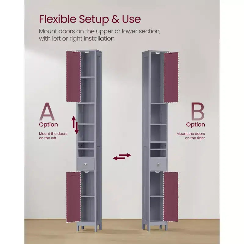 Armoire de salle de bain haute VASAGLE, armoire de rangement étroite autoportante avec étagères réglables, tiroir, compartiments ouverts, gris tourterelle