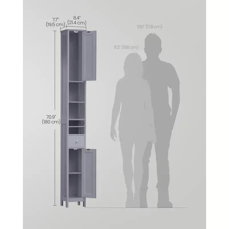 Armoire de salle de bain haute VASAGLE, armoire de rangement étroite autoportante avec étagères réglables, tiroir, compartiments ouverts, gris tourterelle
