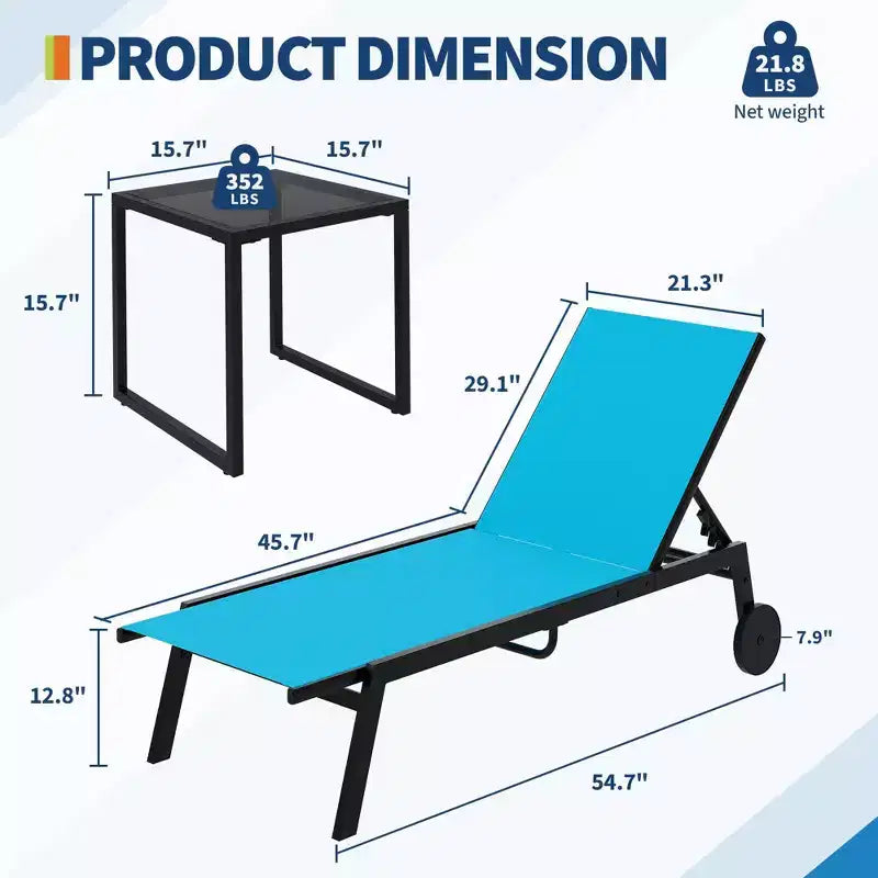 Ensemble salon de jardin 3 pièces avec table d'appoint - chaises longues réglables à roulettes pour piscine, terrasse et jardin