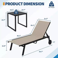 Ensemble salon de jardin 3 pièces avec table d'appoint - chaises longues réglables à roulettes pour piscine, terrasse et jardin