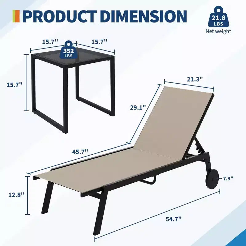 Ensemble salon de jardin 3 pièces avec table d'appoint - chaises longues réglables à roulettes pour piscine, terrasse et jardin
