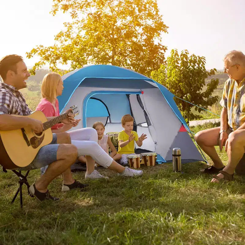 Tente dôme de camping 4 personnes, bleue, facile à monter, étanche, avec sac de transport et porte moustiquaire, portable pour la randonnée/les voyages en famille