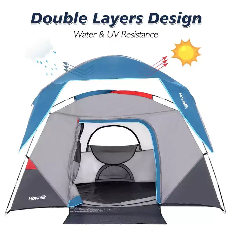 Tente dôme de camping 4 personnes, bleue, facile à monter, étanche, avec sac de transport et porte moustiquaire, portable pour la randonnée/les voyages en famille