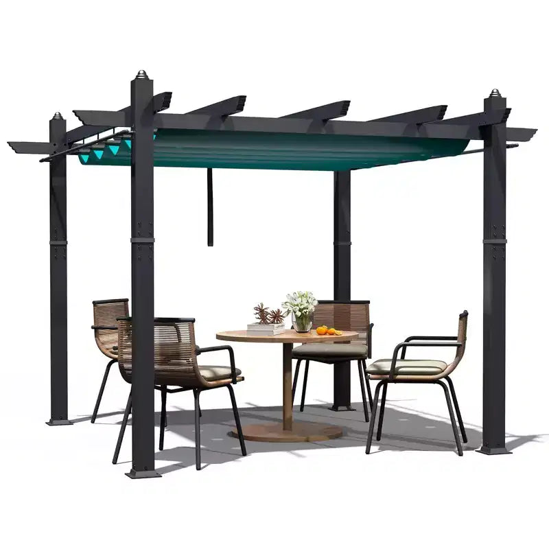 Pergola Extensible d'Extérieur 3x4 m avec Toit Amovible Bleu, 4 Rideaux Blancs, au Vent et en Aluminium pour Jardin et Terrasse