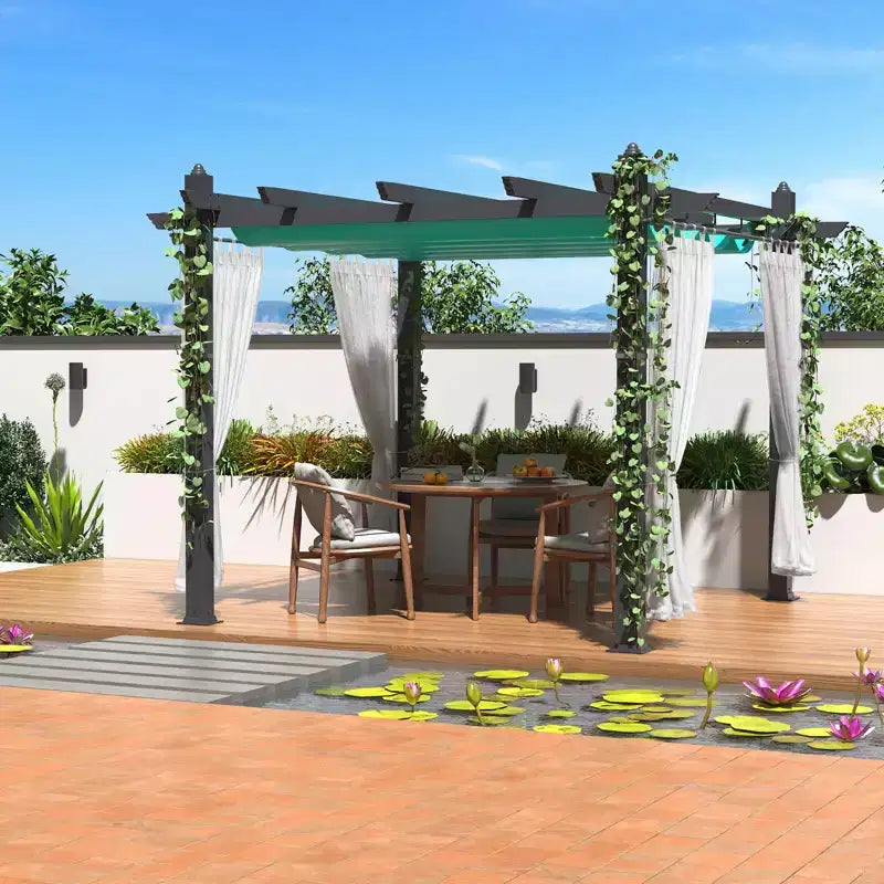 Pergola Extensible d'Extérieur 3x4 m avec Toit Amovible Bleu, 4 Rideaux Blancs, au Vent et en Aluminium pour Jardin et Terrasse