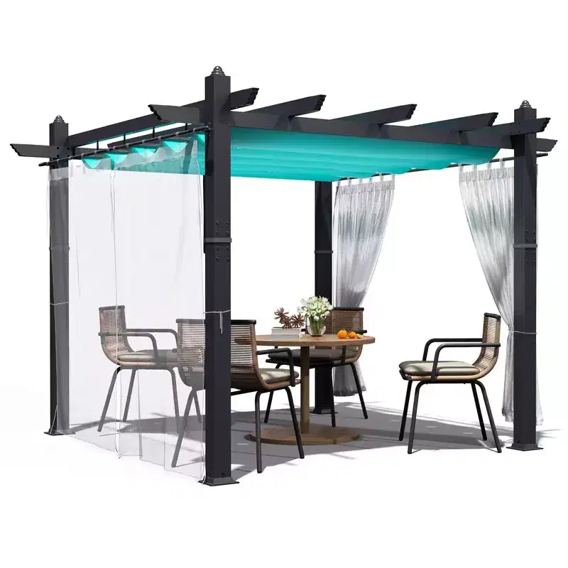 Pergola Extensible d'Extérieur 3x4 m avec Toit Amovible Bleu, 4 Rideaux Blancs, au Vent et en Aluminium pour Jardin et Terrasse