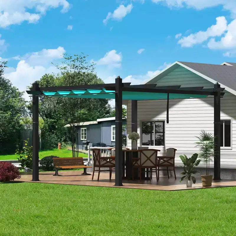 Pergola Extensible d'Extérieur 3x4 m avec Toit Amovible Bleu, 4 Rideaux Blancs, au Vent et en Aluminium pour Jardin et Terrasse