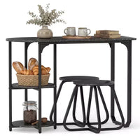 Ensemble table à manger 3 pcs Costway, table de cuisine en bois et métal et 2 tabourets avec étagères de rangement, brun rustique+noir/blanc+doré