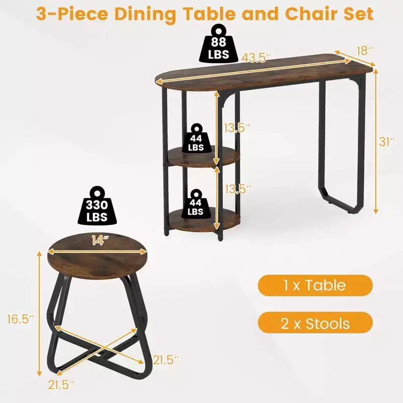 Ensemble table à manger 3 pcs Costway, table de cuisine en bois et métal et 2 tabourets avec étagères de rangement, brun rustique+noir/blanc+doré