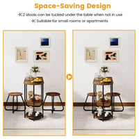 Ensemble table à manger 3 pcs Costway, table de cuisine en bois et métal et 2 tabourets avec étagères de rangement, brun rustique+noir/blanc+doré