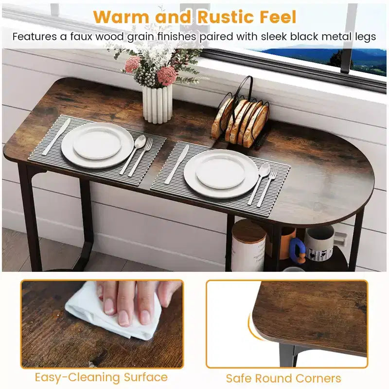 Ensemble table à manger 3 pcs Costway, table de cuisine en bois et métal et 2 tabourets avec étagères de rangement, brun rustique+noir/blanc+doré