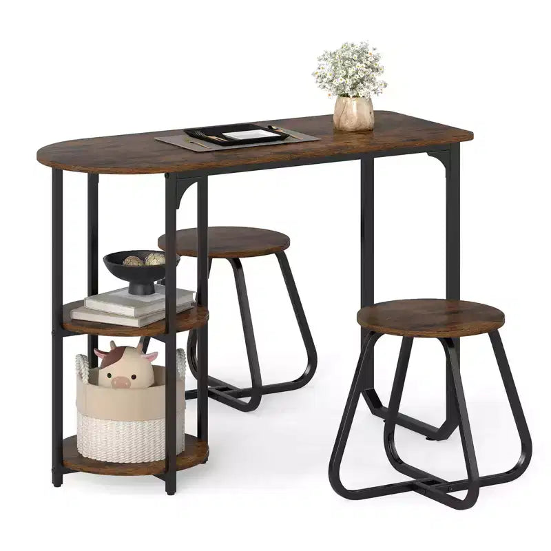 Ensemble table à manger 3 pcs Costway, table de cuisine en bois et métal et 2 tabourets avec étagères de rangement, brun rustique+noir/blanc+doré