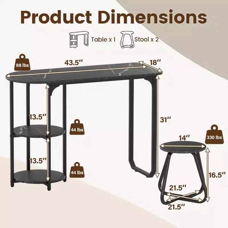 Ensemble table à manger 3 pcs Costway, table de cuisine en bois et métal et 2 tabourets avec étagères de rangement, brun rustique+noir/blanc+doré