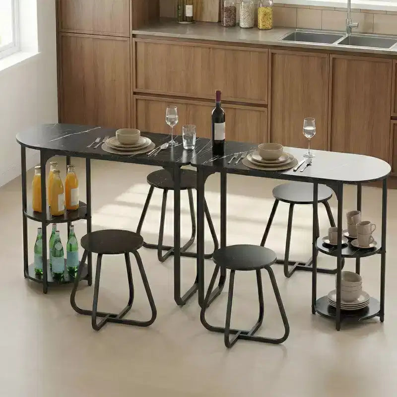 Ensemble table à manger 3 pcs Costway, table de cuisine en bois et métal et 2 tabourets avec étagères de rangement, brun rustique+noir/blanc+doré
