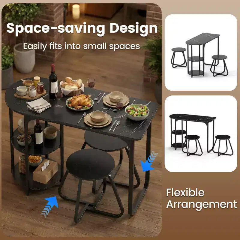 Ensemble table à manger 3 pcs Costway, table de cuisine en bois et métal et 2 tabourets avec étagères de rangement, brun rustique+noir/blanc+doré