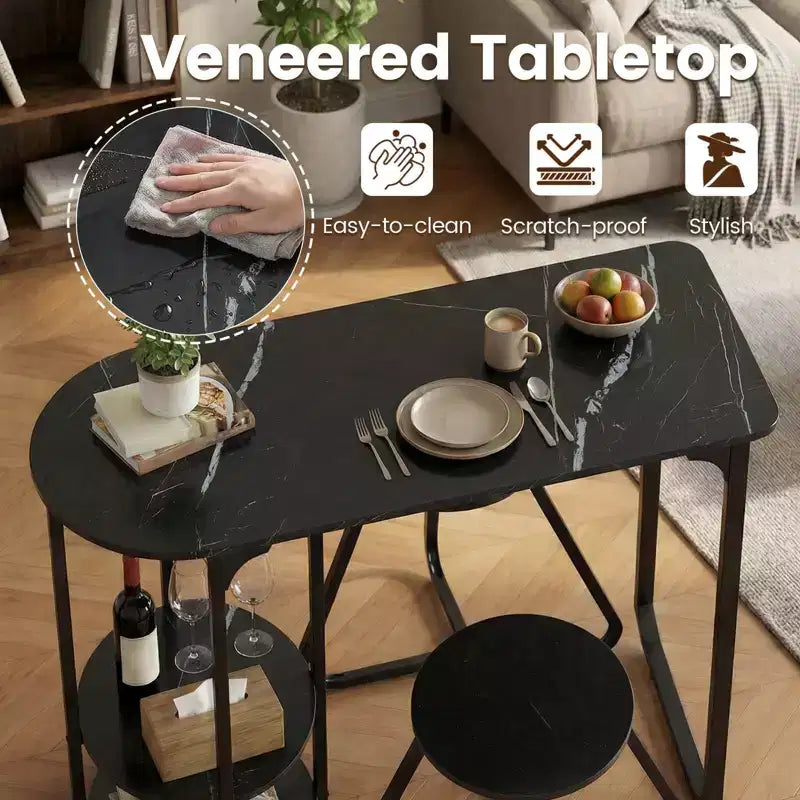 Ensemble table à manger 3 pcs Costway, table de cuisine en bois et métal et 2 tabourets avec étagères de rangement, brun rustique+noir/blanc+doré
