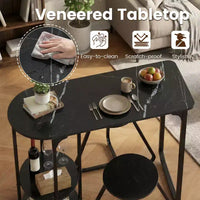 Ensemble table à manger 3 pcs Costway, table de cuisine en bois et métal et 2 tabourets avec étagères de rangement, brun rustique+noir/blanc+doré