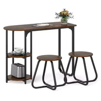 Ensemble table à manger 3 pcs Costway, table de cuisine en bois et métal et 2 tabourets avec étagères de rangement, brun rustique+noir/blanc+doré