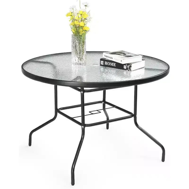 Table de patio ronde VINGLI avec trou pour parasol, table à manger d'extérieur de 40 po en acier, tables de patio en verre trempé, tables d'extérieur rondes