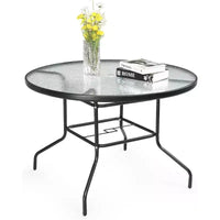 Table de patio ronde VINGLI avec trou pour parasol, table à manger d'extérieur de 40 po en acier, tables de patio en verre trempé, tables d'extérieur rondes