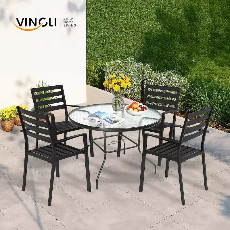 Table de patio ronde VINGLI avec trou pour parasol, table à manger d'extérieur de 40 po en acier, tables de patio en verre trempé, tables d'extérieur rondes