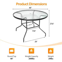 Table de patio ronde VINGLI avec trou pour parasol, table à manger d'extérieur de 40 po en acier, tables de patio en verre trempé, tables d'extérieur rondes