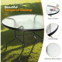 Table de patio ronde VINGLI avec trou pour parasol, table à manger d'extérieur de 40 po en acier, tables de patio en verre trempé, tables d'extérieur rondes