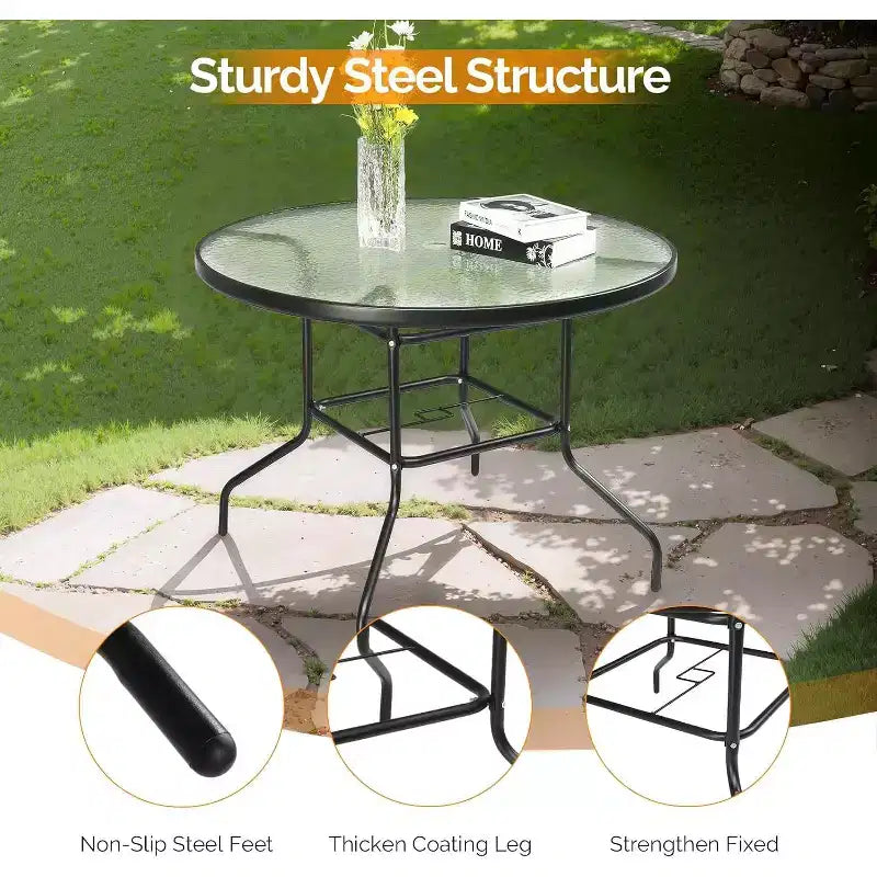 Table de patio ronde VINGLI avec trou pour parasol, table à manger d'extérieur de 40 po en acier, tables de patio en verre trempé, tables d'extérieur rondes