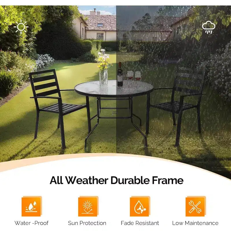 Table de patio ronde VINGLI avec trou pour parasol, table à manger d'extérieur de 40 po en acier, tables de patio en verre trempé, tables d'extérieur rondes
