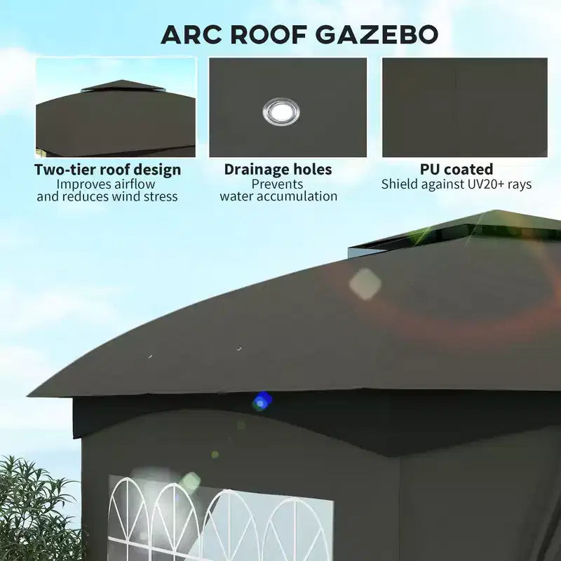 Gazebo extérieur 11' x 11', gazebo de patio à double toit avec rideaux, fenêtres d'église, cadre en acier galvanisé