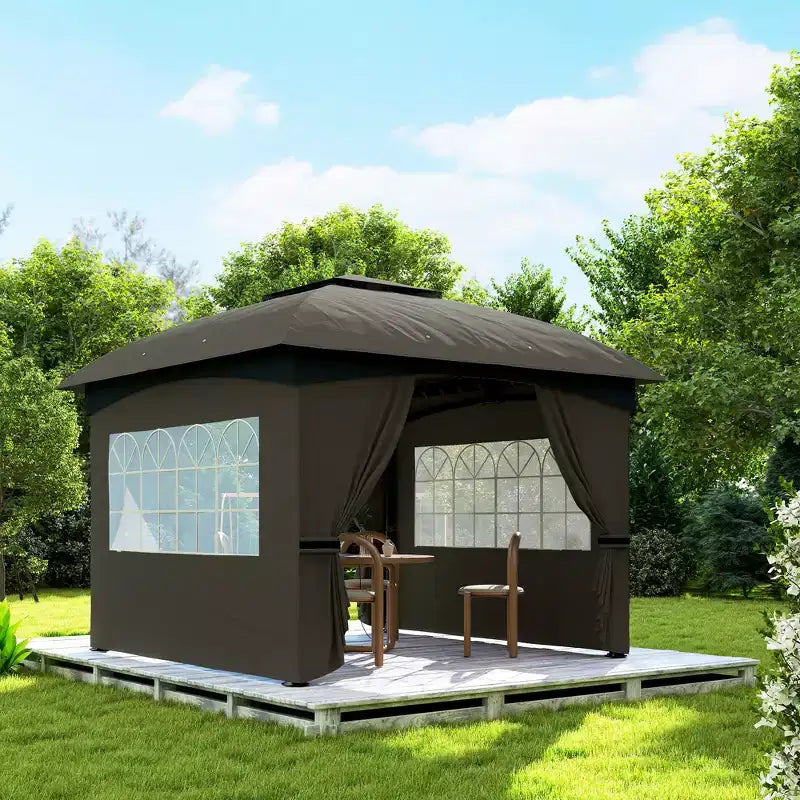 Tonnelle d'extérieur 3,35 x 3,35 m, tonnelle de terrasse à double toit avec rideaux, fenêtres d'église, cadre en acier galvanisé